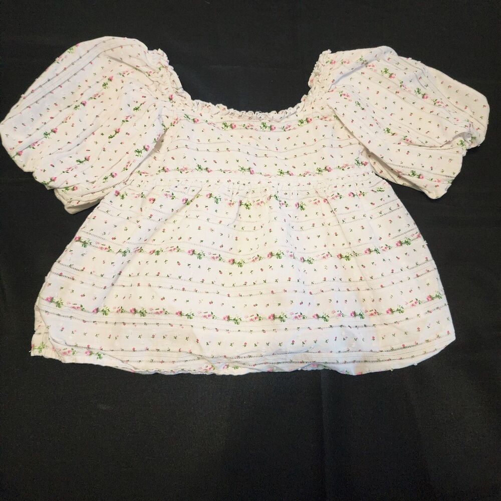 Janie and Jack Girl's White Floral Bubble Top Shirt Pink Green Roses Cute Summer